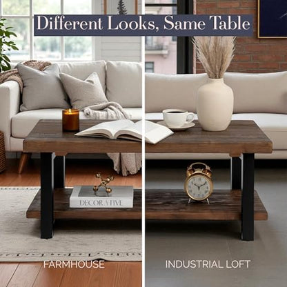 Alaterre Pomona 42 Inch Coffee Table with Storage Shelf, Rustic Natural