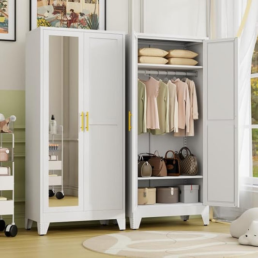 Metal Armoire Wardrobe Closet Storage Cabinet with Mirror White, 71'' Wardrobe Cabinet with Hanging Rod Metal Closet with 2 Adjustable Shelves for Bedroom, Laundry Room, Cloak Room