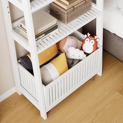 Bamboo White Bookshelf with Slatted Basket, Ladder Bookcase with 4 Display Shelves and 1 Open Storage Basket, Multifunctional Storage Rack Organizer for Home Office, Bedroom, Living Room, 66” H