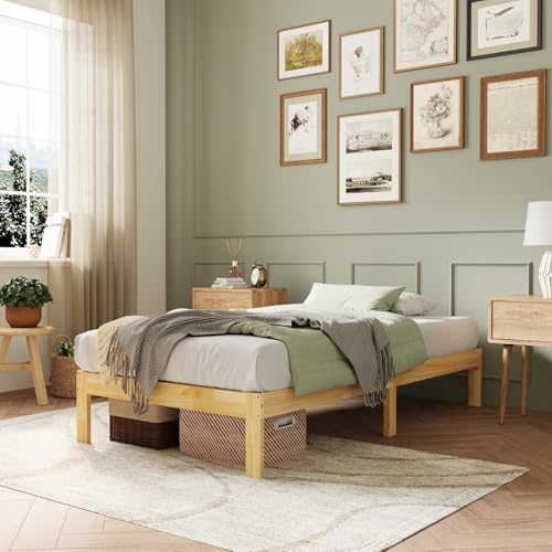 Novilla 12 Inch Wooden Twin Bed Frames, Classic Solid Wood Platform Bed Frame Twin Size, Sturdy Wood Slat Support, No Box Spring Needed, Easy Assembly, Pine