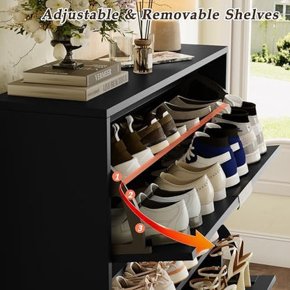Fluted Black Shoe Cabinet with 2 Flip Drawers, Narrow Wood Shoe Storage Cabinet, Slim Shoe Rack for Entryway, Freestanding Shoe Cabinet for Living Room, Hallway