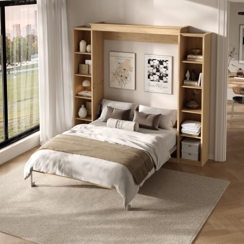Rophefx Queen Murphy Bed Cabinet, 5-Tier Shelves, Wall Bed, Natural Wood
