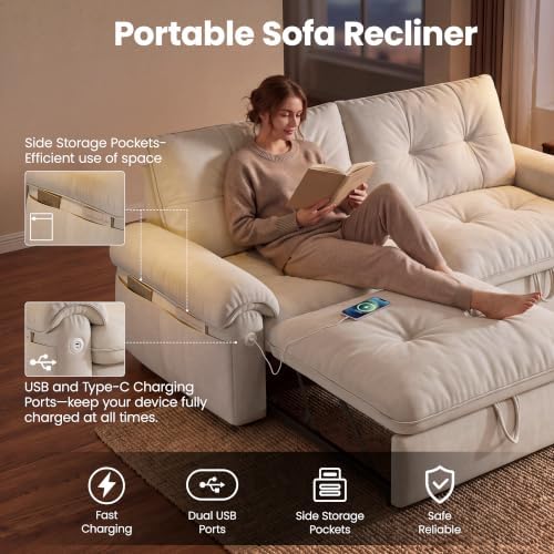 77" Queen Size Sofa Bed, 3-in-1 Convertible Sleeper Sofa Bed with Adjustable Backrest, Modern Velvet Couch with Side Pocket and USB Ports, for Living Rooms, Bedrooms, Small Spaces (Beige, 77.2inch)