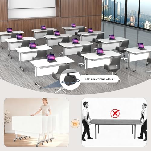 Folding Conference Room Tables, Modular Seminar Conference Table Modern Flip Top Training Meeting Tables, Conference Room Table with Wheels for Home Office Classr, 2 Pack 55.1inch