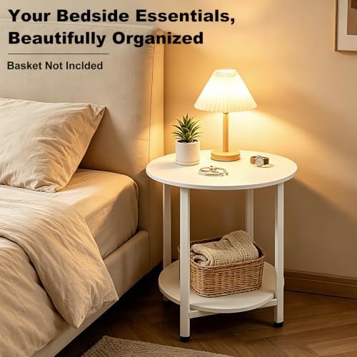 Lightdot White Round Side Table, 20" Small End Table with Storage Shelf, Bedside Table Night Stand, 2-Tier Accent Coffee Table for Living Room Bedroom Apartment Nursery Nightstand Modern Home Decor