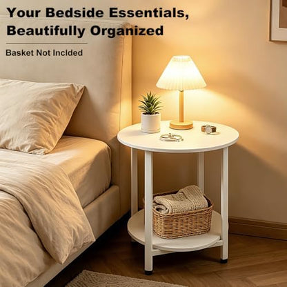 Lightdot White Round Side Table, 20" Small End Table with Storage Shelf, Bedside Table Night Stand, 2-Tier Accent Coffee Table for Living Room Bedroom Apartment Nursery Nightstand Modern Home Decor
