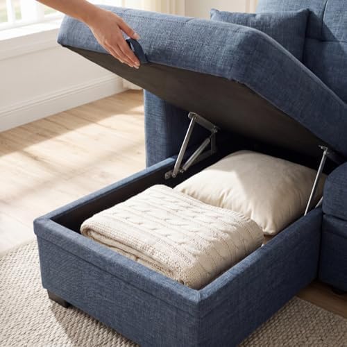 Convertible Sofa Bed, L Shape Sleeper Sofa with Reversible Storage Chaise, Tufted Fabric Sectional Sleeper Sofa with Pull Out Bed for Small Space, Living Room, Apartment, Dark Blue
