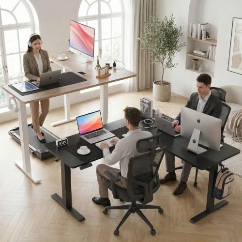 farexon 63x55 Inch L Shaped Standing Desk with Outlets, Electric Adjustable Height Stand Up Desk, Corner sit Stand Desk with Mouse Pad, Hook, Home Office Writing Gaming Computer Workstation, Oak Grey