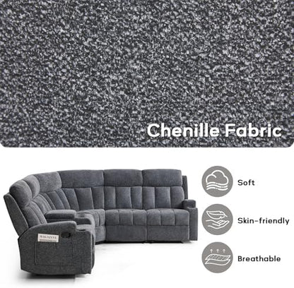 CANMOV Manual Reclining Sectional Sofa Set, Fabric L Shaped Reclining Sectional Corner Couch with Center Console, Living Room Furniture Sets with Cup Holder and Storage for Home Office, Dark Grey