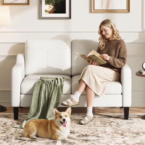 MALOL 51" Leather Loveseat Sofa with Foldable Side Table, Beige