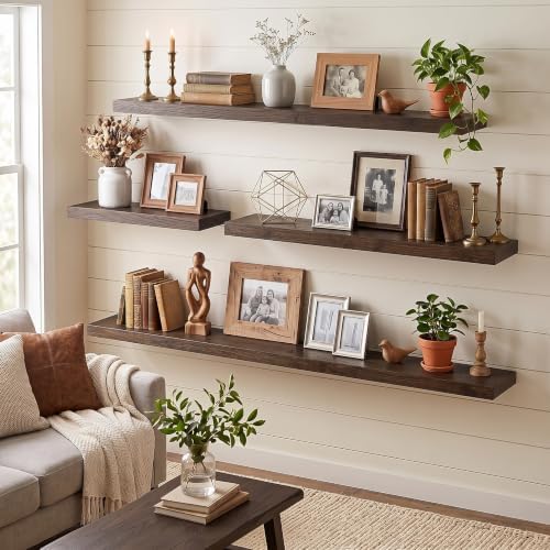 Elm Wood Floating Shelf 24x8” Set of 2, Dark Walnut