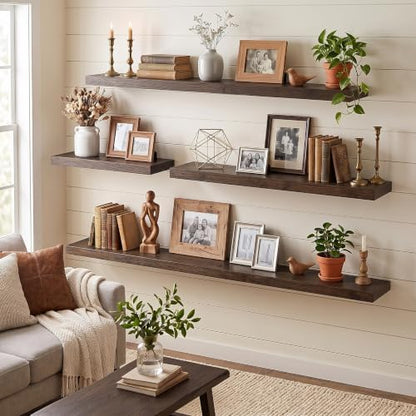 Elm Wood Floating Shelf 24x8” Set of 2, Dark Walnut