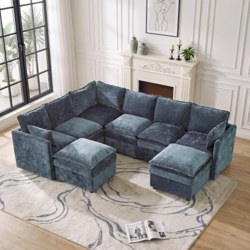 Modular Sectional Storage Sofa, 105" Cloud Deep Seat V-Shaped Couch, Blue