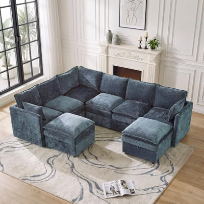 Modular Sectional Storage Sofa, 105" Cloud Deep Seat V-Shaped Couch, Blue