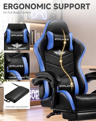 GTPLAYER Gaming Chair for Adults, Computer Chair with Footrest, Blue New