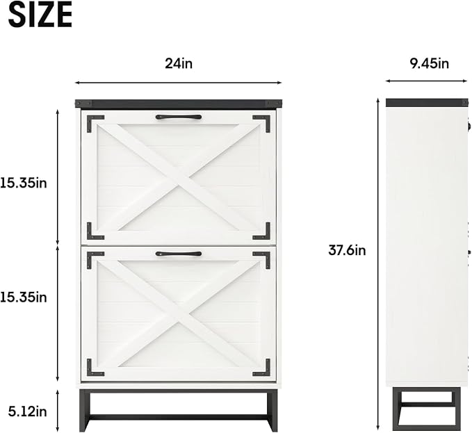 Maupvit 24" W Farmhouse Shoe Cabinet Storage for Entryway, Freestanding Organizer with 2 Flip Drawers, Narrow Shoe Rack Cabinet with Metal Corner Decoration, White