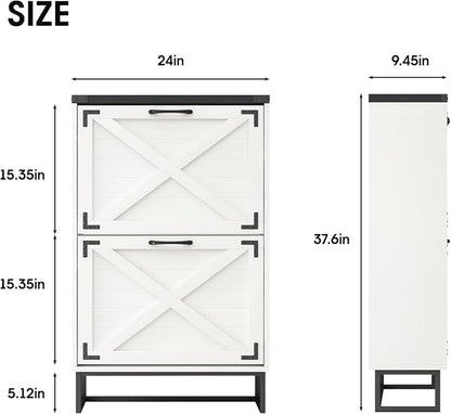 Maupvit 24" W Farmhouse Shoe Cabinet Storage for Entryway, Freestanding Organizer with 2 Flip Drawers, Narrow Shoe Rack Cabinet with Metal Corner Decoration, White