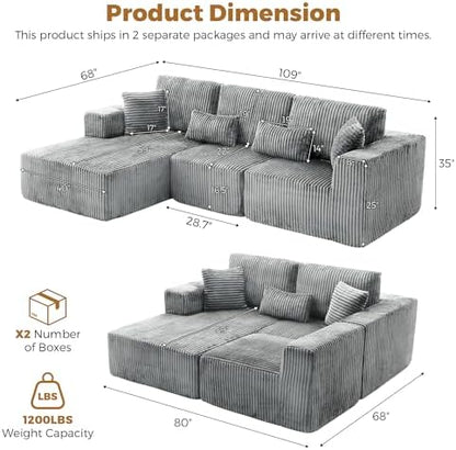 108" Boneless Couch for Living Room, L Shaped Modular Sectional Sofa