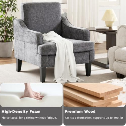 Set of 2 Accent Chair for Living Room,Mid-Century Arm Chair Fabric Living Room Chairs,Upholstered Reading Chair for Bedroom,Single Sofa Chair with Wood Legs for Apartment (Dark Grey)