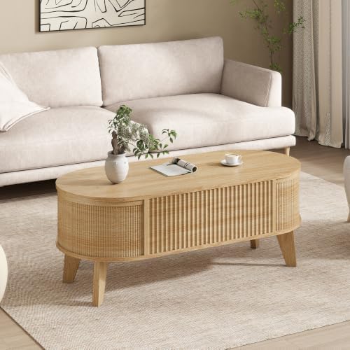 LYNCOHOME 43.3" Fluted Lift Top Coffee Table for Living Room, Oval, Oak