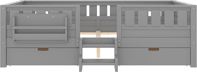 Bellemave Queen Size Kids Bed with high Rails and with Built-in Bookshelf and Drawers for Kids, Girls, Boys, Wood Montessori Bed Without Door, Gray