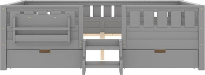Bellemave Queen Size Kids Bed with high Rails and with Built-in Bookshelf and Drawers for Kids, Girls, Boys, Wood Montessori Bed Without Door, Gray