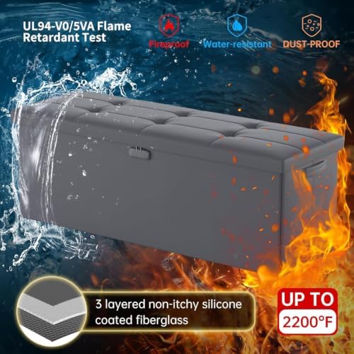 DocSafe Storage Ottoman Bench, Fireproof＆Waterproof Folding Bench with Lock(15”x 43”x15”), Leather Storage Chest with Handles＆2 Extra Boxes, Ottoman Safe for Bedroom,Living Room,Home Office, Gray