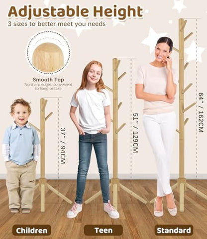 Beech Wood Kids Coat Rack - Adjustable Height Stand with 9 Hooks, Freestanding Children's Clothing Organizer for Hallway, Bedroom, Easy Assembly (Natural)