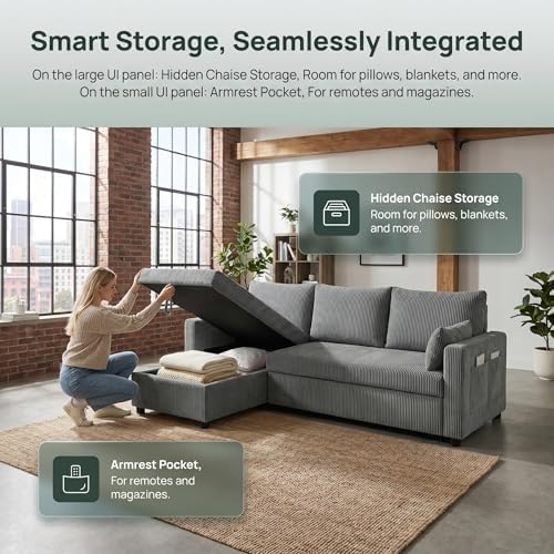 Sectional Sleeper Sofa with Pull Out Bed, LShape Convertible Sofa Bed Couch with Storage Chaise, 3 in 1 Pull Out Sofa Bed with 3 Seats, for Living Room,Apartment, Gray, 85Inch