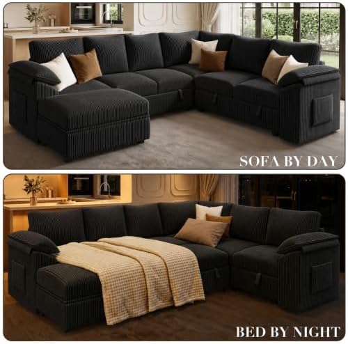 Sectional Sleeper Sofa with Pull Out Bed, Corduroy Couch with Storage