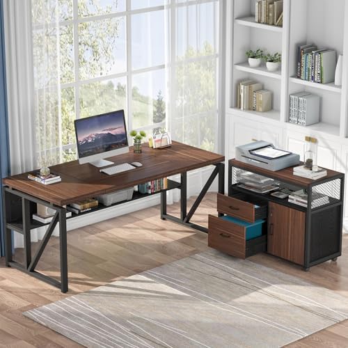 Tribesigns 63" Executive Desk with Drawer Cabinet Set , Dark Brown