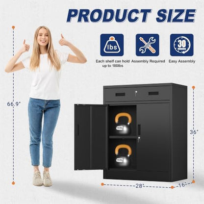CMY Metal Storage Cabinet, Locking Storage Cabinet with 1 Drawer and Adjustable Shelf, 36" H x 28" W x 16" D Metal Cabinets with Doors for Office, Garage, Home-Black