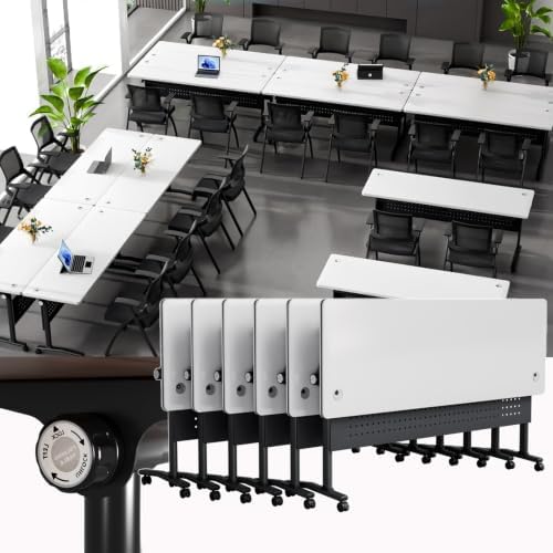 Conference Table, Folding Conference Room Tables with Wheels, Modular Flip Top Nesting Training Table, Modern Rolling Meeting Stackable Tables for Mobile Office Boardroom Classroom, White 6Pack