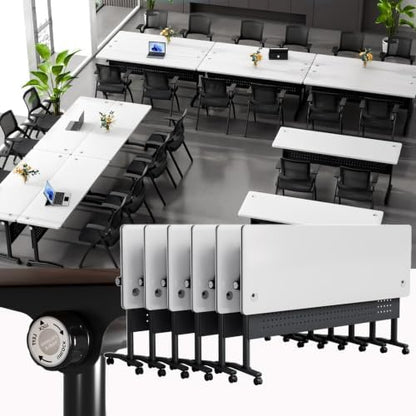 Conference Table, Folding Conference Room Tables with Wheels, Modular Flip Top Nesting Training Table, Modern Rolling Meeting Stackable Tables for Mobile Office Boardroom Classroom, White 6Pack