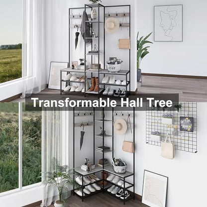 GiftGo Corner Hall Tree with Shoe Rack Storage Bench Display Open Shelves Modern Industrial Entryway Coat Rack Stand for Home Living Room Mudroom Bedroom Multifuncitonal 5 in 1 (Greige)