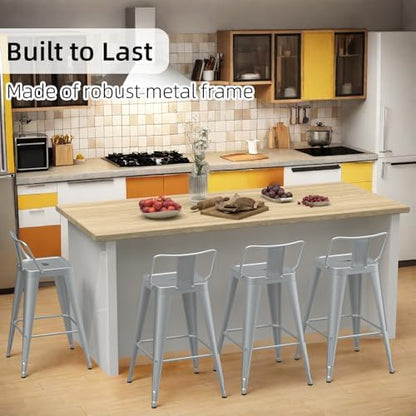 26”Metal Bar Stools Set of 4, Counter Height Stools with Removable Back, Silver Barstools for Kitchen Island