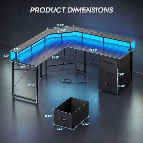 DurayLoly 48” Gaming Desk with LED Lights&Power Strip,3 Drawers&Side Hooks