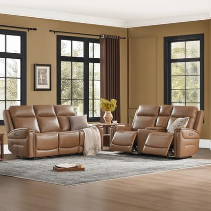 Watson & Whitely Recliner Sofa 3 Seat & Loveseat with Console, Saddle Brown