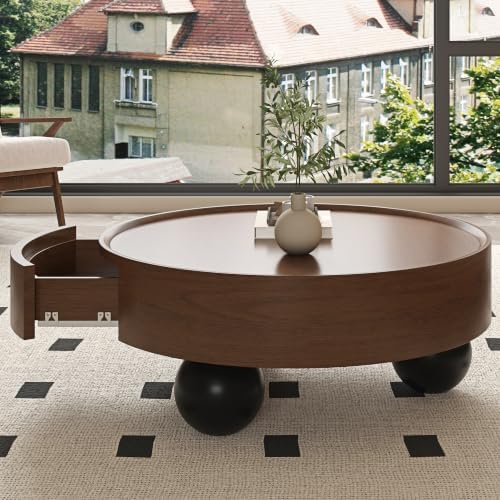Round Wood Coffee Table with Storage Drawers, Modern Low Circular Center Table with 3 Ball Legs, Walnut Finish Storage Cocktail Table for Living Room Bedroom, Apartment-35.43“*14.96”