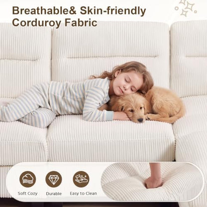HAOMARKETS 115" Modular Sectional Sofa Couch with 3 Movable Ottoman, Oversized Corduroy L Shaped Couches with Rolled Arms, 10-Seater Corner Sofas with Reversible Chaises for Living Room, Beige