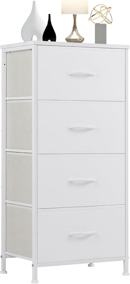 DUMOS Nightstand Bedside Table with 4 Drawers, Removable Fabric Bins with Steel Frame Wood Top, Organizer Furniture for Bedroom Closet Living Room, Chalky