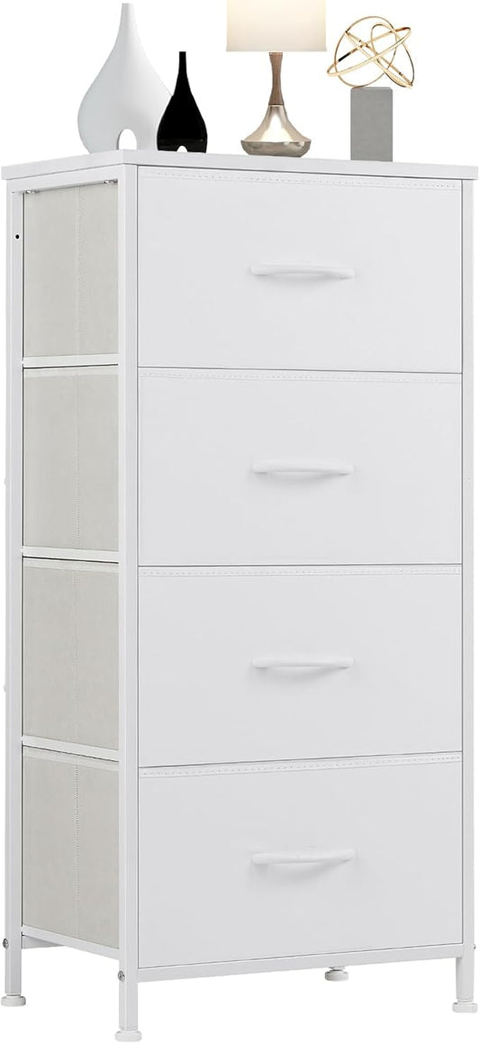 DUMOS Nightstand Bedside Table with 4 Drawers, Removable Fabric Bins with Steel Frame Wood Top, Organizer Furniture for Bedroom Closet Living Room, Chalky
