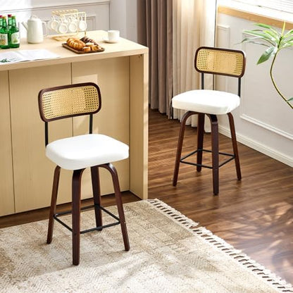 VINGLI Modern Bar Stool 26" H, PU Leather with Rattan Back, 360° Swivel, Solid Wood Legs Barstools for Kitchen Island & Home Bar, White 2 Pack