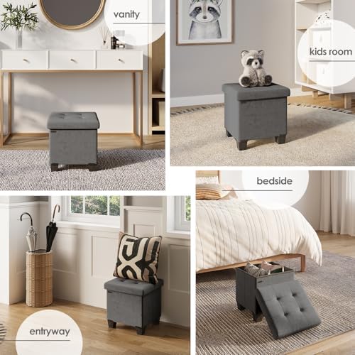 Storage Ottoman Cube with Small Bin, 15-in Square Ottoman with Storage for Living Room and Bedroom, Small Ottomans Foot Rest, Velvet Foot Stools Ottomans Max 330lbs, Grey