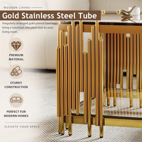 51" Luxury Glass Coffee Table Set of 4, Modern Console Table with 2 End Tables, Clear Tempered Glass Top & Golden Stainless Steel Leg, 4-Piece Living Room Table Set for Apartment Home Decor
