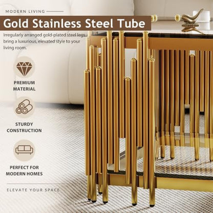 51" Luxury Glass Coffee Table Set of 4, Modern Console Table with 2 End Tables, Clear Tempered Glass Top & Golden Stainless Steel Leg, 4-Piece Living Room Table Set for Apartment Home Decor