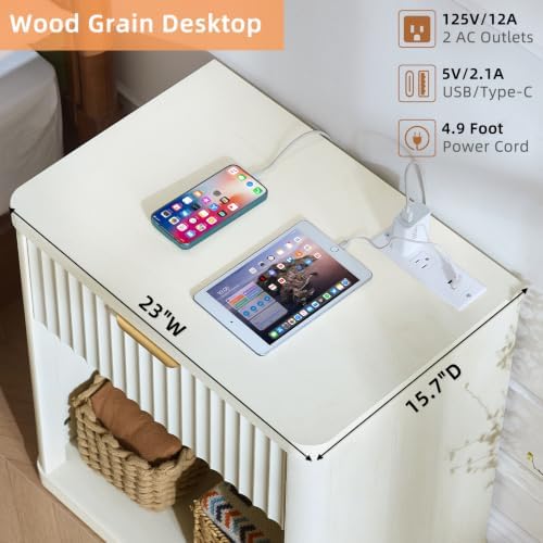 LEYAOYAO Fluted Nightstand with Charging Station, 23" Wide 1 Drawers End Table,White Night Stand with Open Storage Cabinet, Farmhouse Bed Side Tables, Wood Dresser for Bedroom, Living Room, Closet