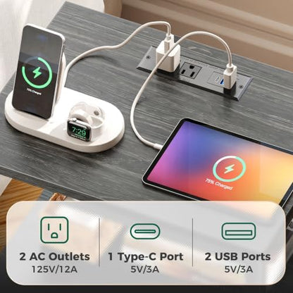 Huuger Night Stand with Charger Station and LED Lights, 2 Drawer Nightstand