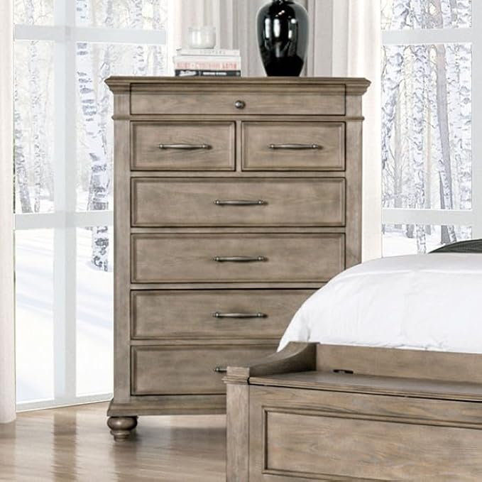 First of a Kind Philomath 5 Piece Queen Size Bedroom Furniture Set in Aged Oak - Transitional Button Tufted Fabric Bed with Modern Bedroom Set Collection