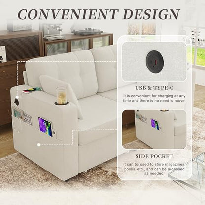 YOPTO 68" 2-seat Sofa, USB Charging, Storage & Cup Holders, Chenille, Beige